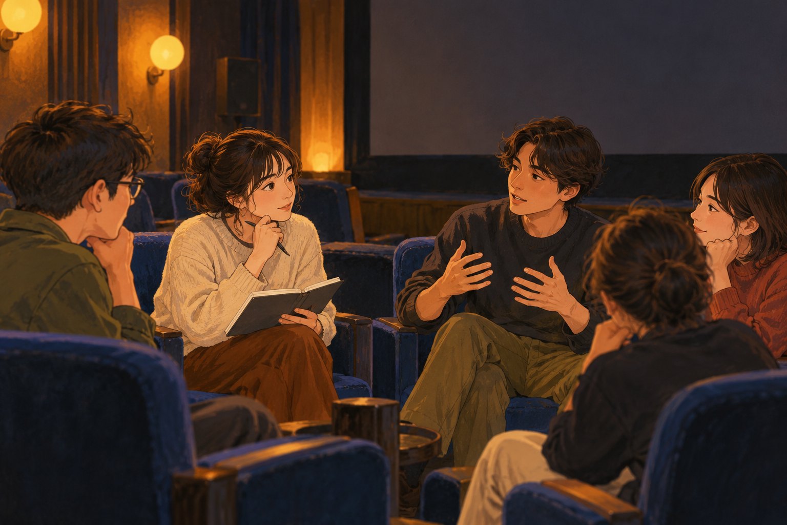 年轻观众在室内围坐交流观影感受,一人拿着笔记本倾听的概念插画