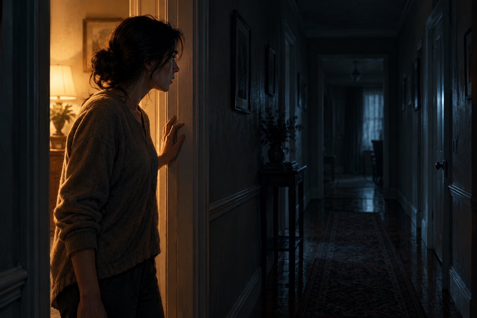 Concept illustration of an apprehensive adult pausing in a doorway between warm light and a dark hallway.