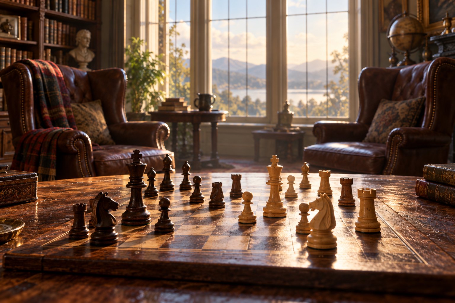 An unfinished chess game sits between two empty leather armchairs in a sunlit study.