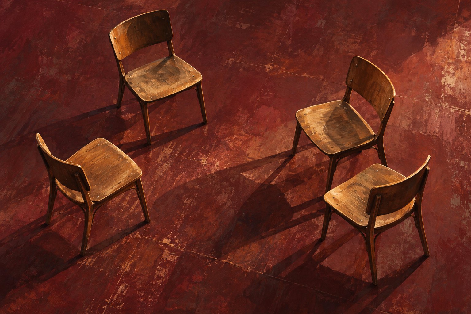 Conceptual illustration of four empty wooden rehearsal chairs arranged at different angles on a red floor, casting overlapping shadows.