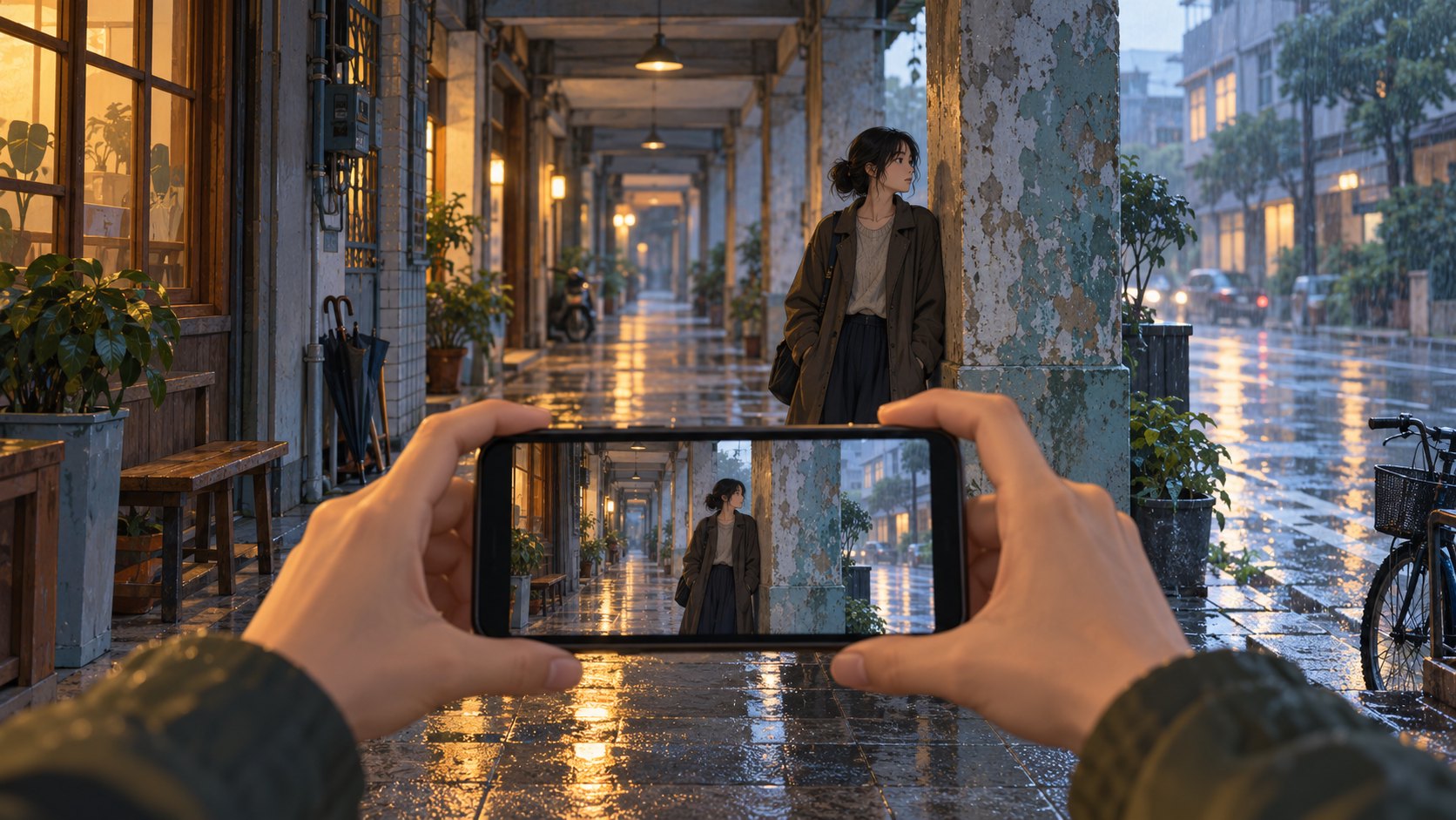 以手機橫向取景拍攝雨天騎樓中的人物,呈現柱列、距離與光線的構圖示意插畫