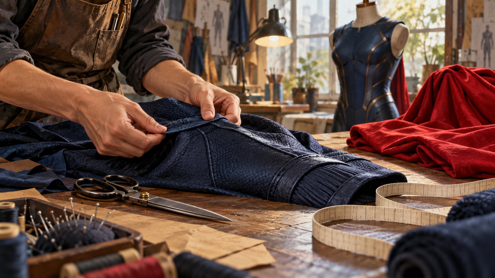 服裝工作桌上雙手檢查深藍布料接縫，旁邊放著剪刀與紅色披風的概念插圖