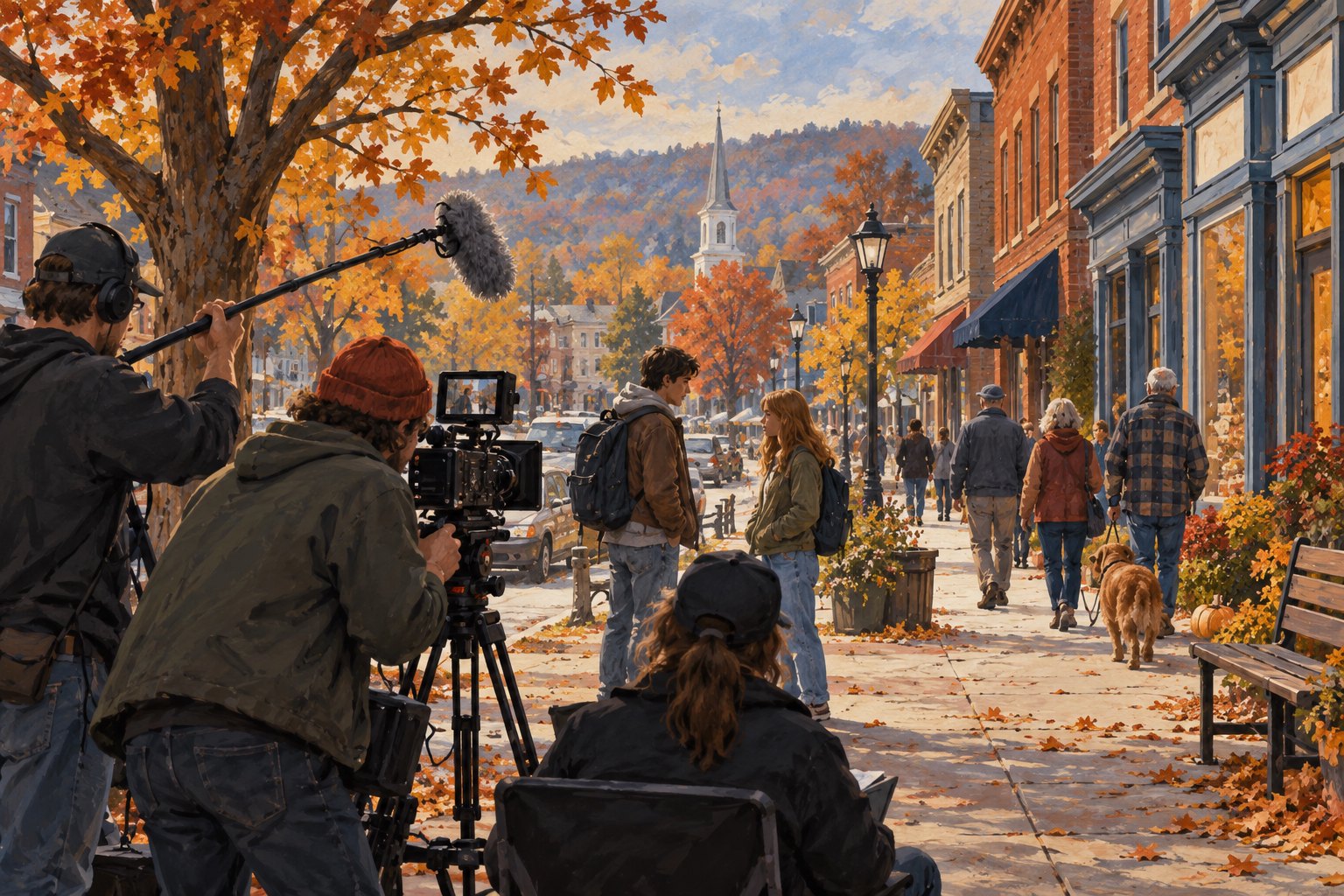 Conceptual illustration of a film crew working on an autumn village street as pedestrians pass nearby.
