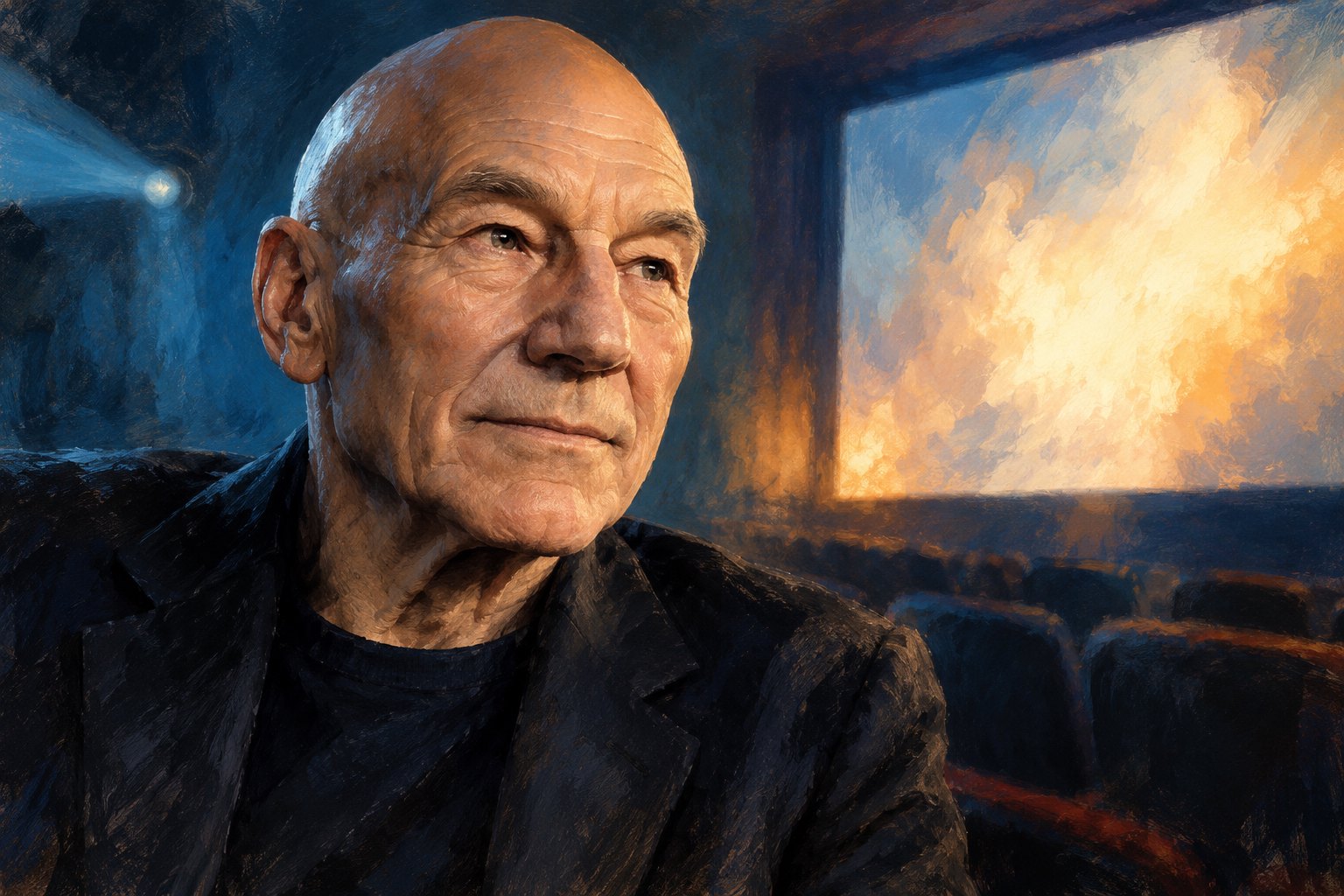 Painterly portrait of Patrick Stewart in a dark jacket beside a glowing cinema screen.