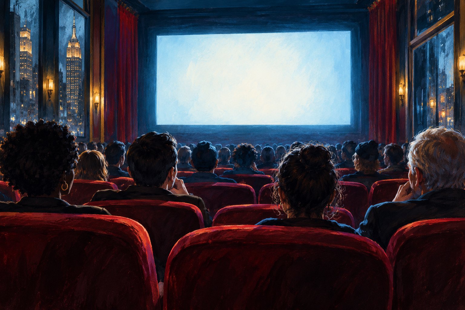 Painterly illustration of an audience watching a luminous blank screen in a Manhattan cinema.