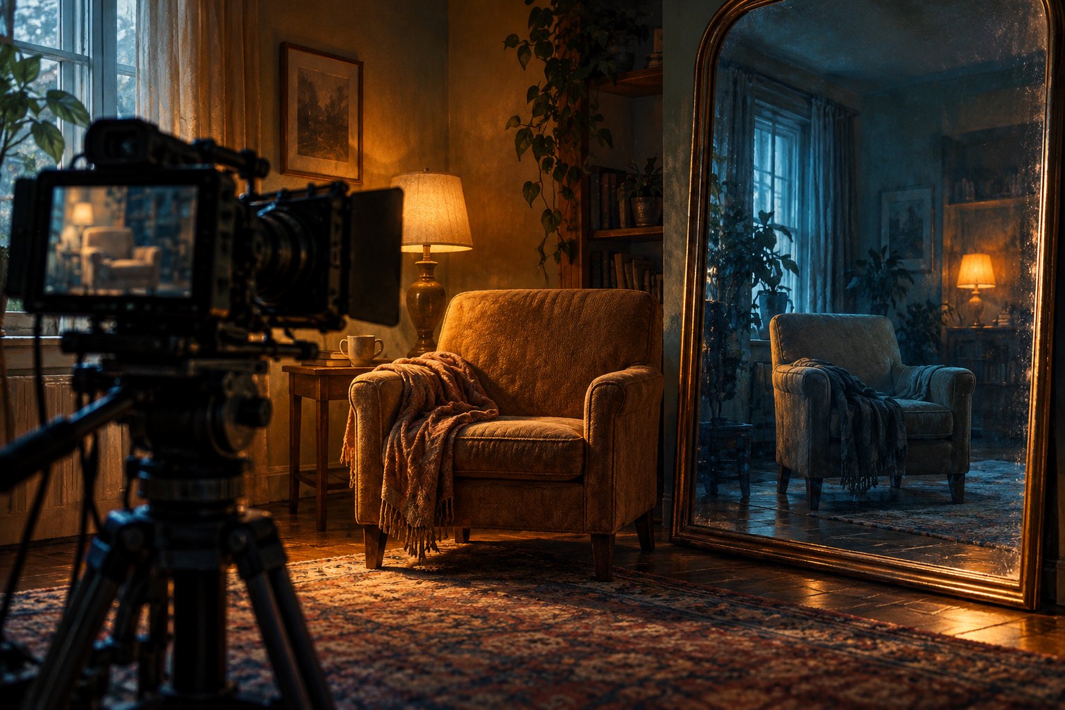 Conceptual illustration of a cinema camera facing an empty armchair beside a mirror in warm and cool light.