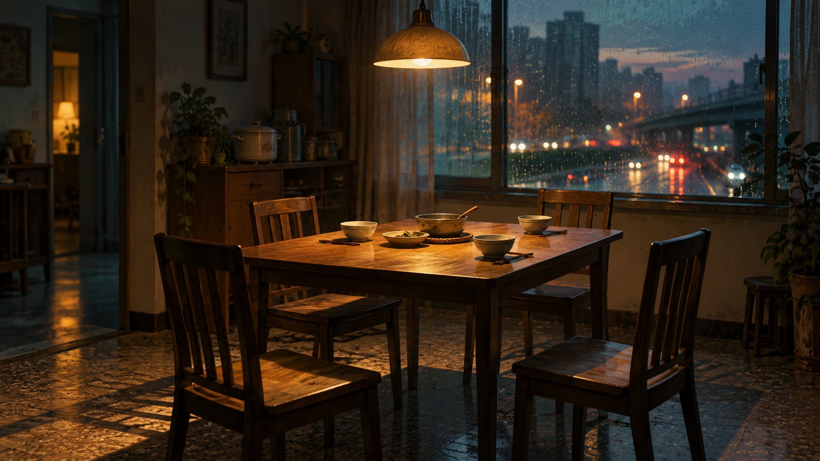 暖燈下的四人餐桌與窗外雨夜車燈，呈現家庭親近與距離的原創概念插畫，非電影劇照