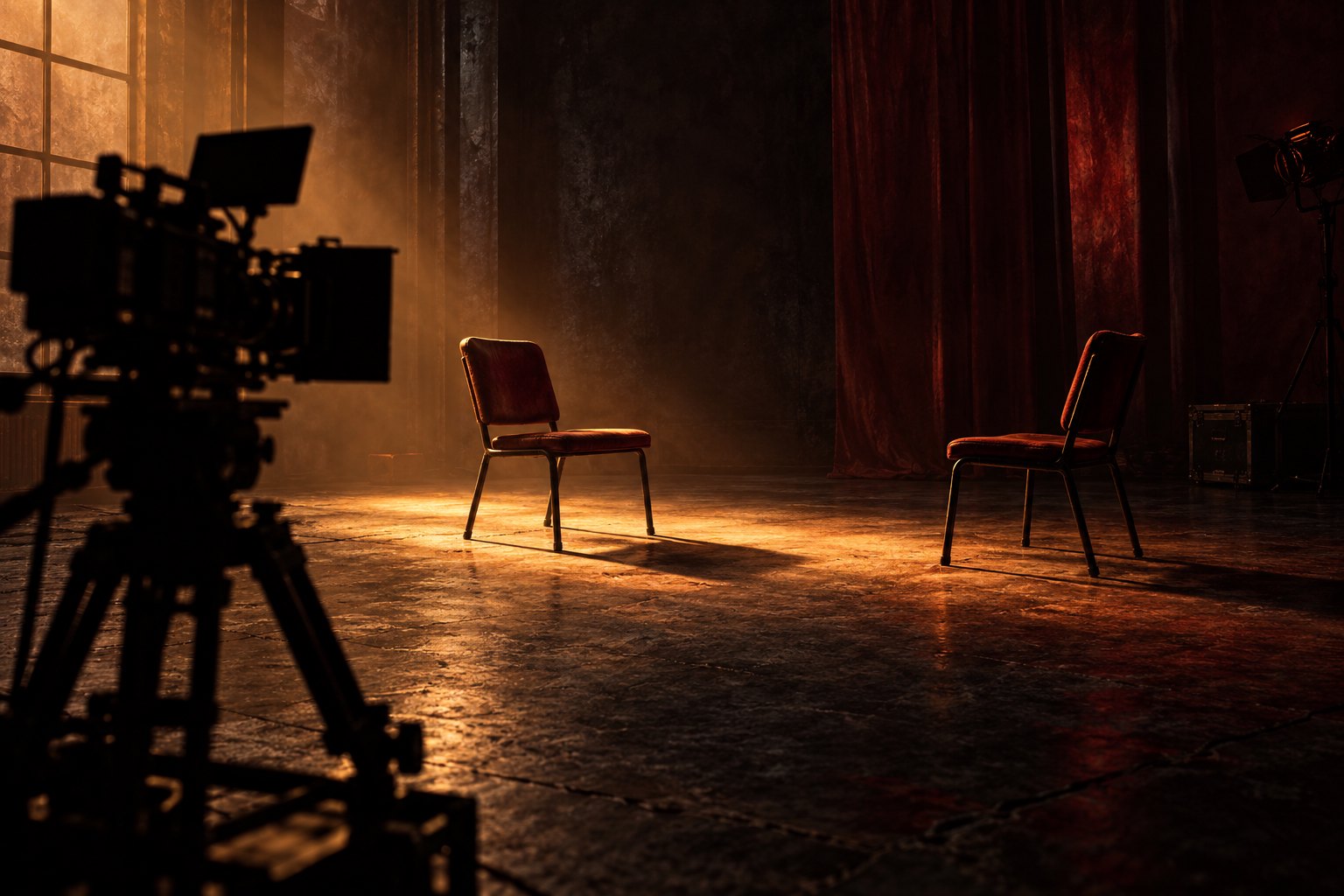 Conceptual illustration of a cinema camera facing two empty chairs in an amber-lit rehearsal studio.