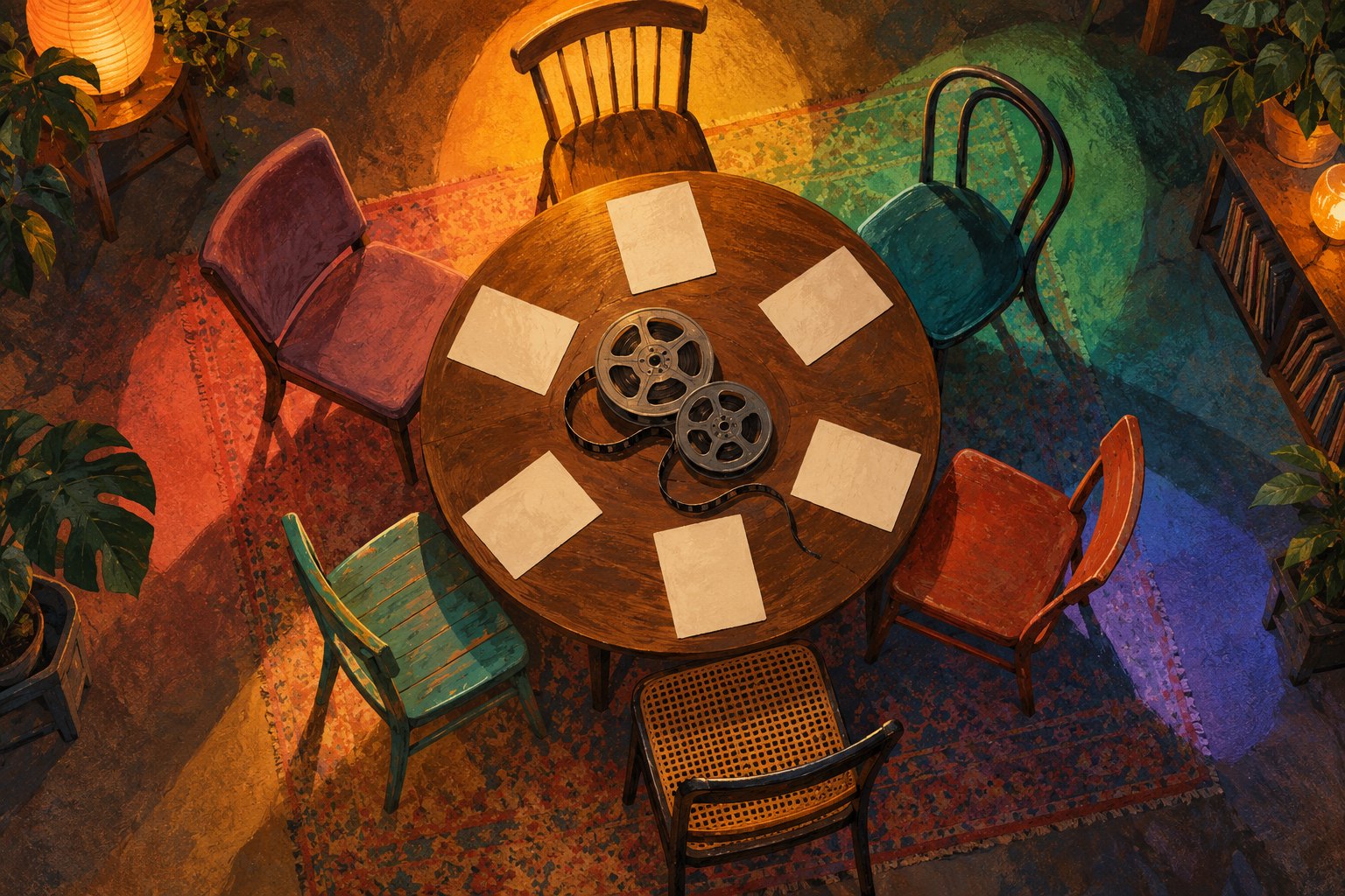 Conceptual illustration of six empty chairs around a wooden discussion table with film reels and pools of colored light.