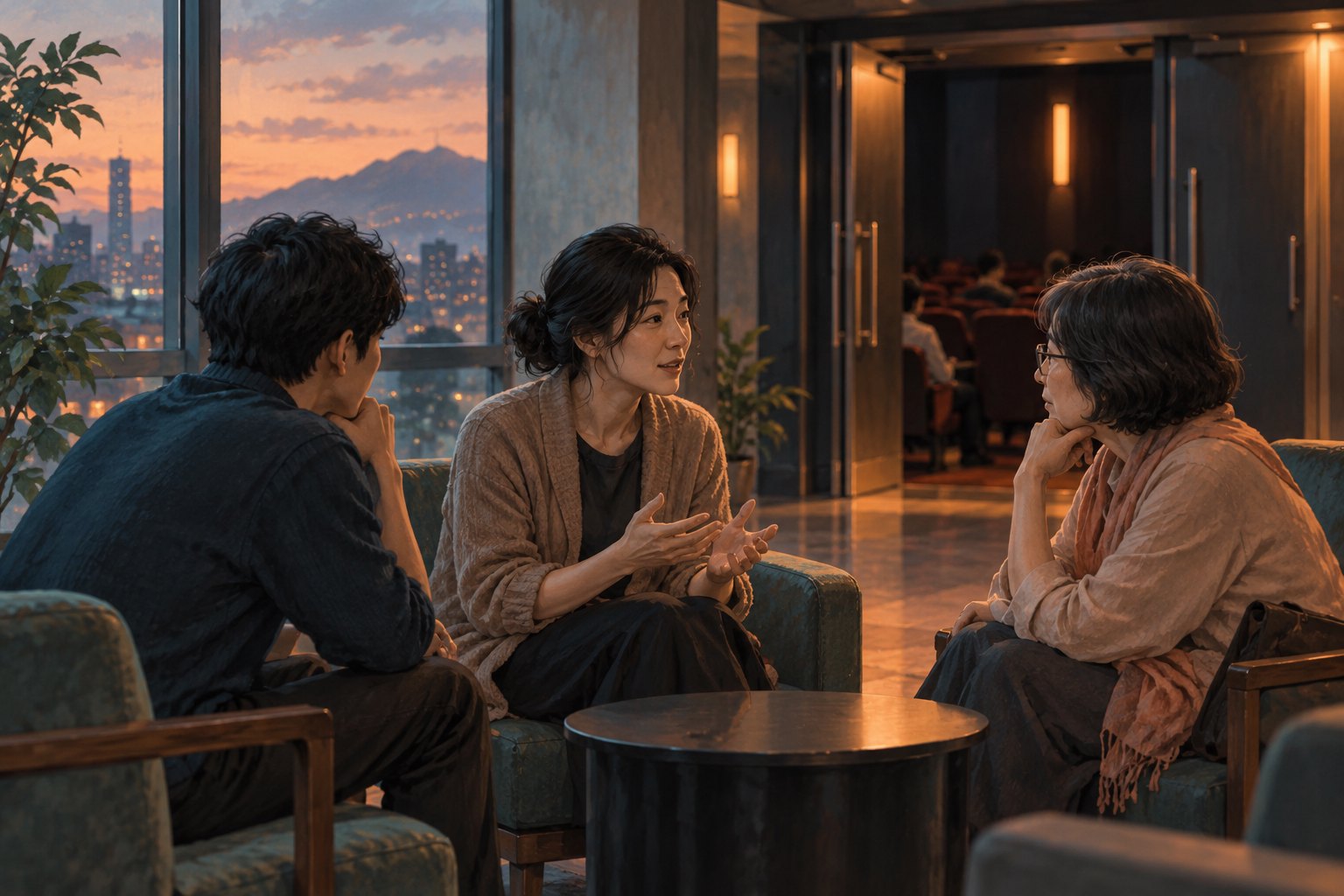 三名不同年齡的成人在影廳外圍坐交流、專注聆聽彼此的映後對話示意插畫