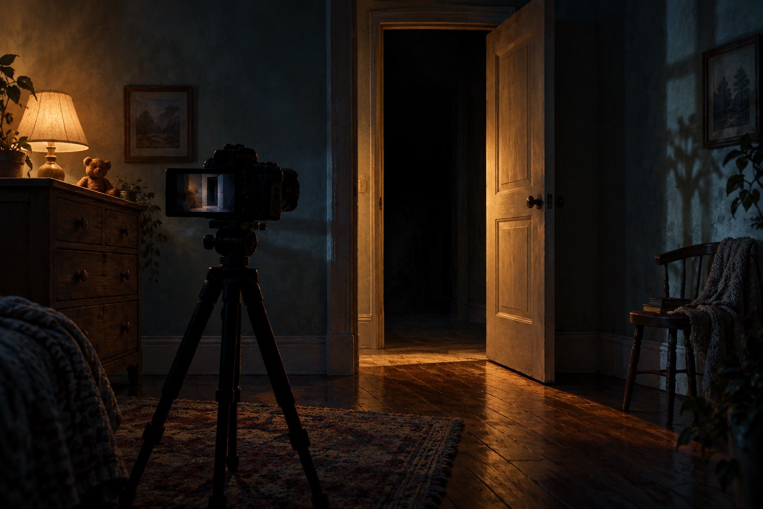 Conceptual illustration of a filmmaking camera facing a partially open doorway in a dim domestic room.