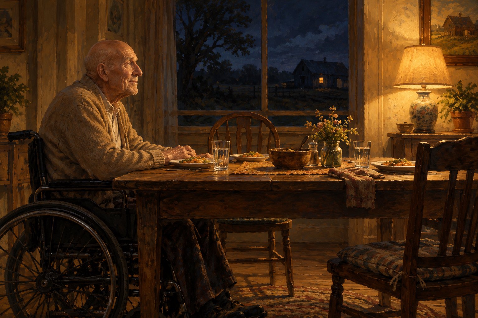 Conceptual illustration inspired by Logan, showing an elderly man in a wheelchair at a warmly lit farmhouse dining table.