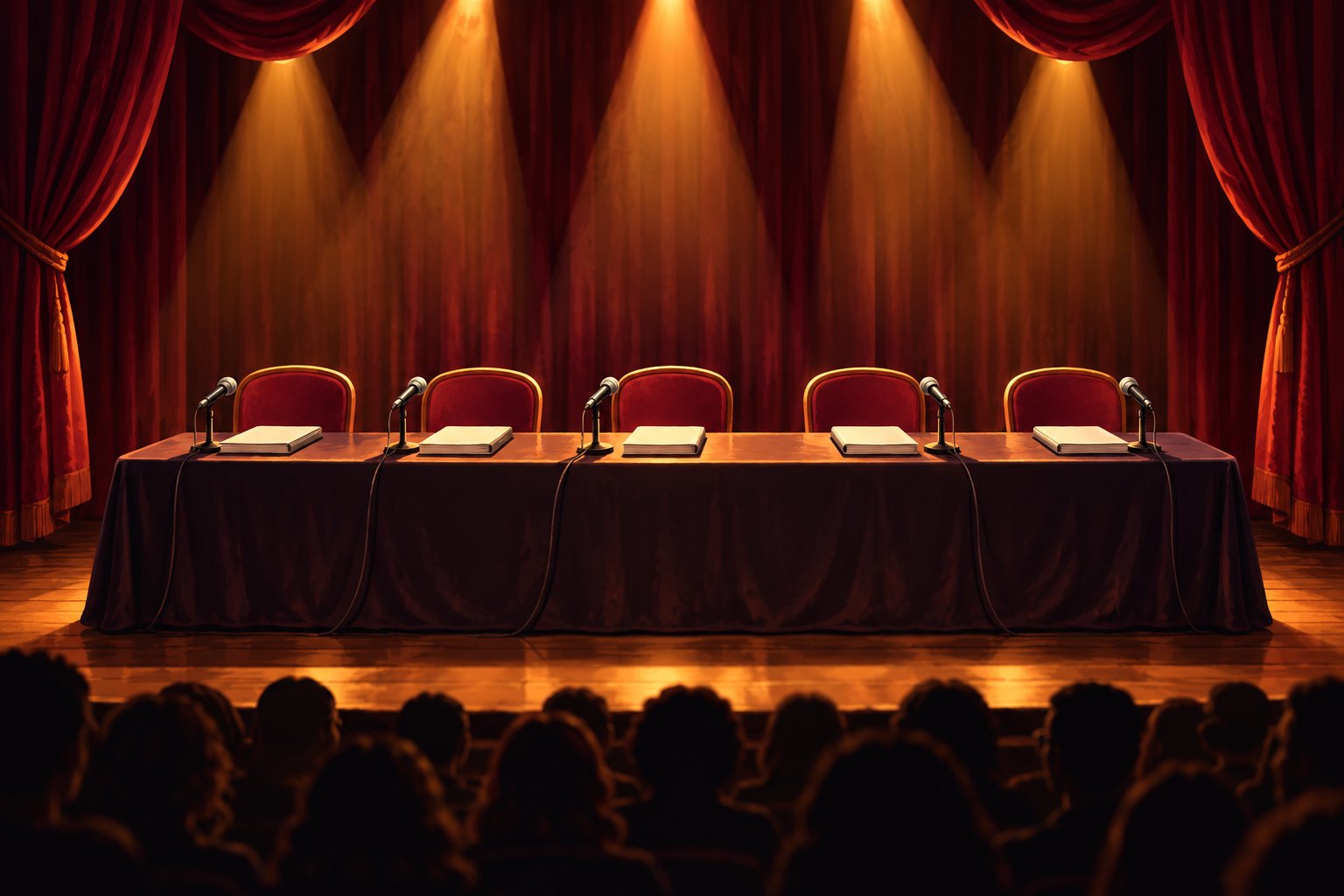 Conceptual illustration of an empty script-reading table with microphones and chairs beneath warm theater spotlights.