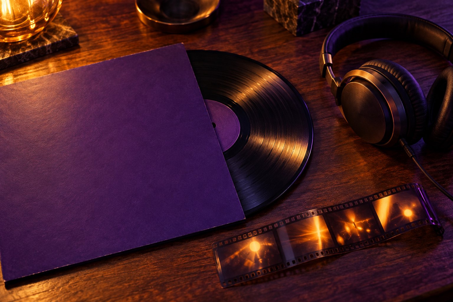 Conceptual illustration of a vinyl record in a blank purple sleeve beside headphones and a filmstrip on a wooden table.