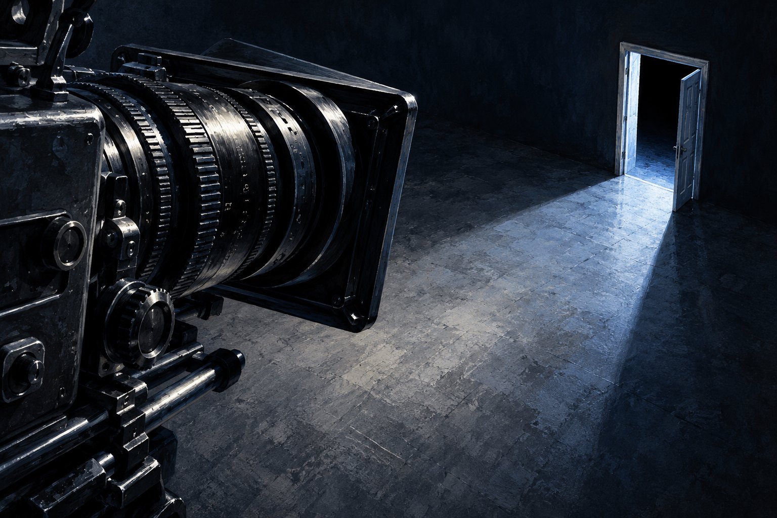 Conceptual illustration of a cinema camera facing a blue-lit open doorway, suggesting the role of framing in horror.