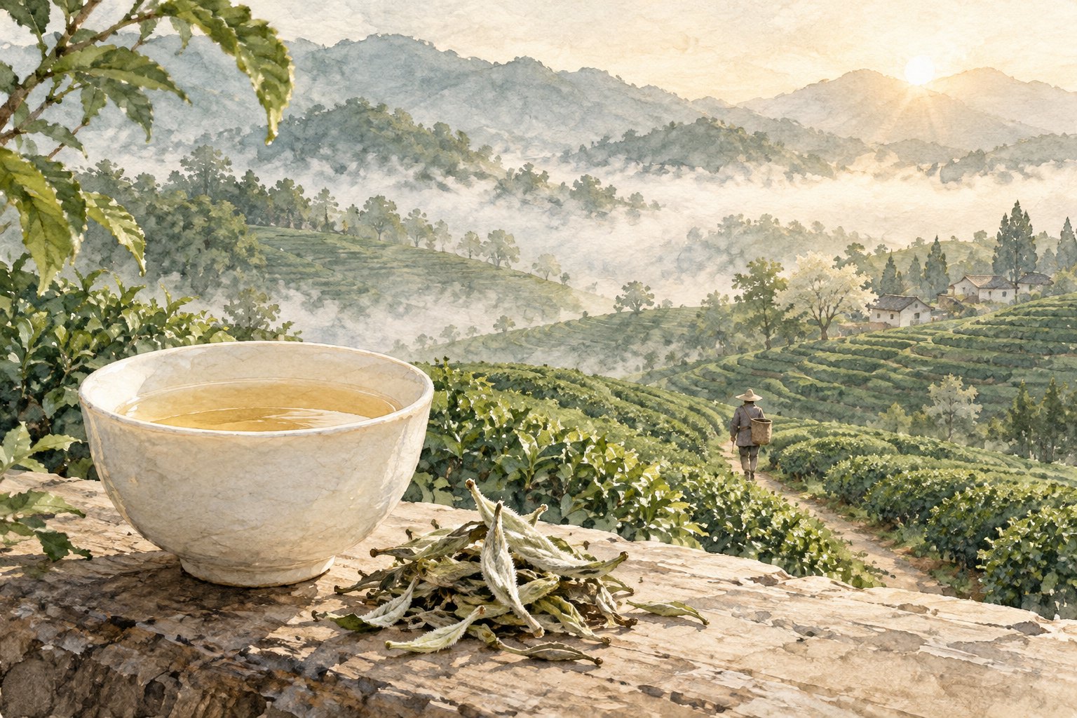 白茶主题水彩插画：白瓷茶杯与干茶映衬晨雾茶园，小径上有劳动者背影，非影片剧照