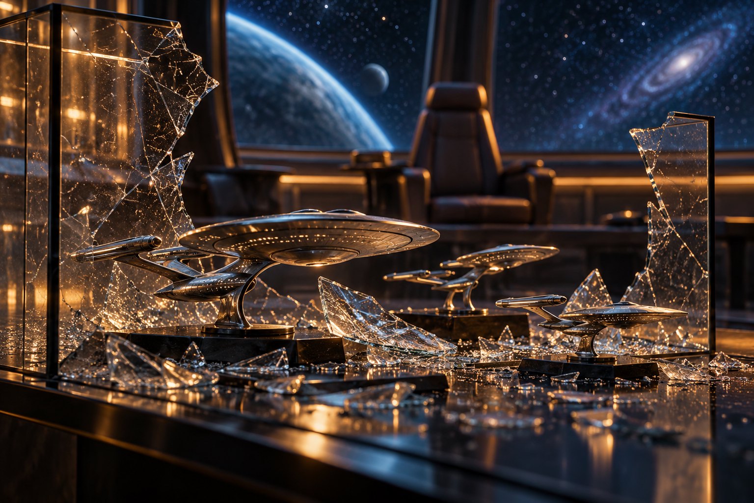 Conceptual illustration of silver spacecraft models surrounded by shattered display glass, with an empty captain’s chair behind them.