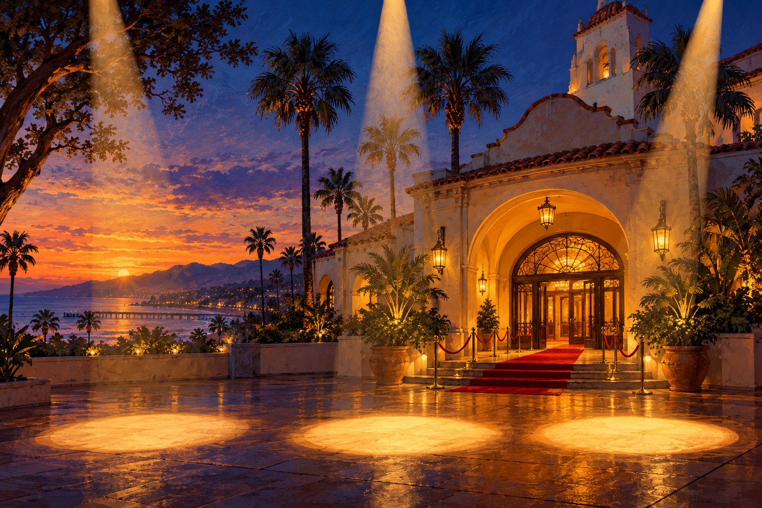 Illustration of an imagined coastal California theater at sunset, with palms, a red carpet and three pools of golden light.