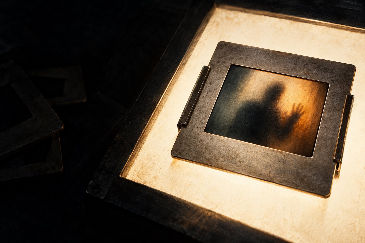 Conceptual illustration of a photographic slide showing a blurred silhouette on an illuminated lightbox.