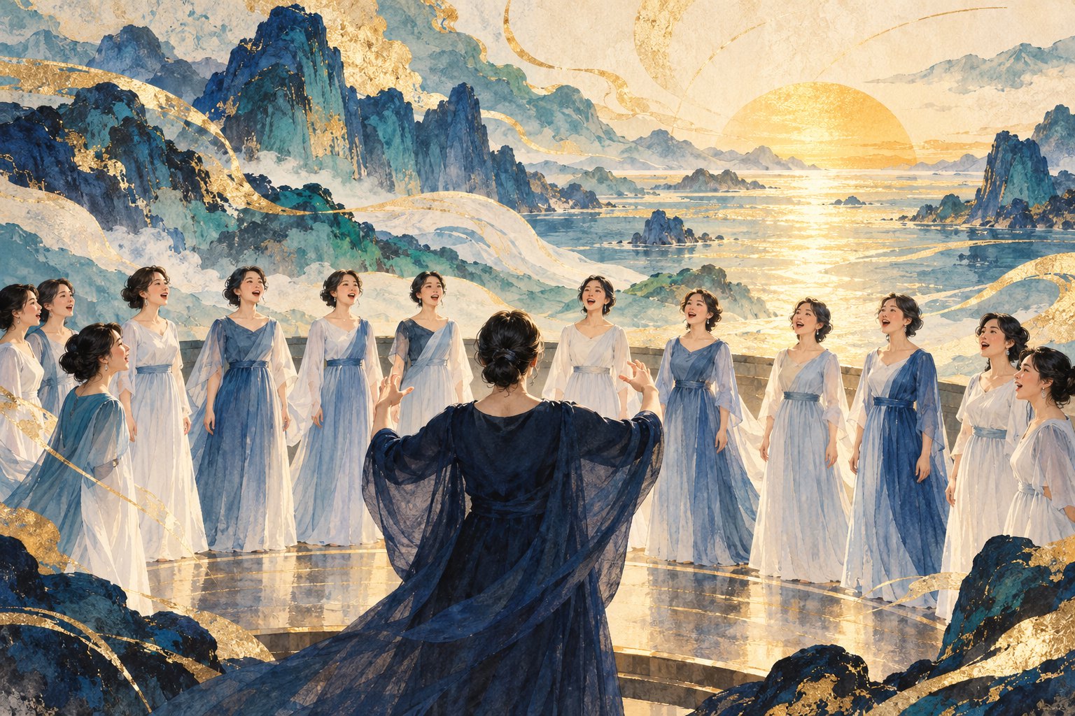 山海与晨光意象中，女声合唱者跟随指挥共同歌唱的主题插画，非现场实拍