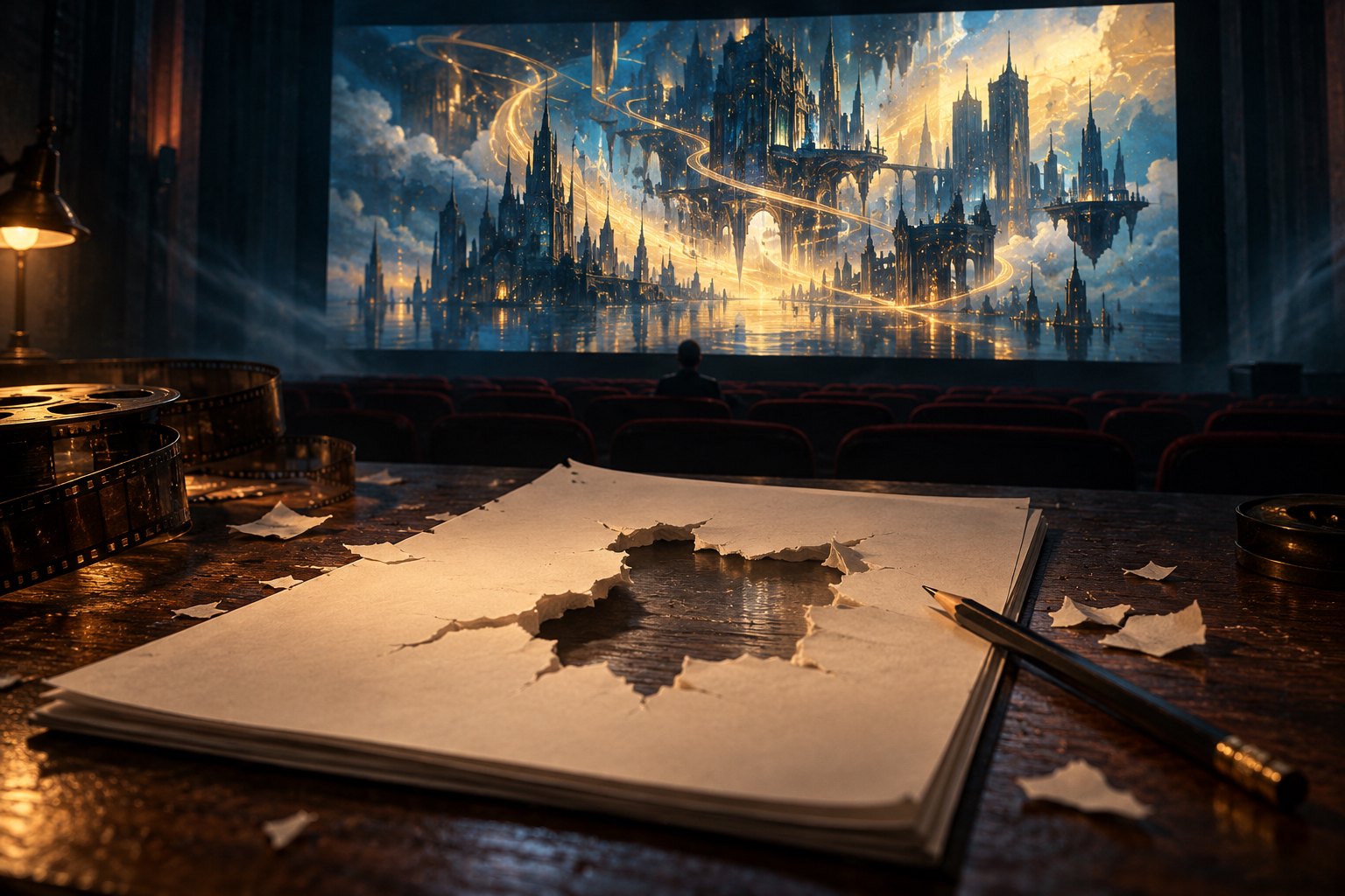 原创概念插画:影院光影与桌上的空白纸页相映,呈现视觉奇观与剧本之间的关系