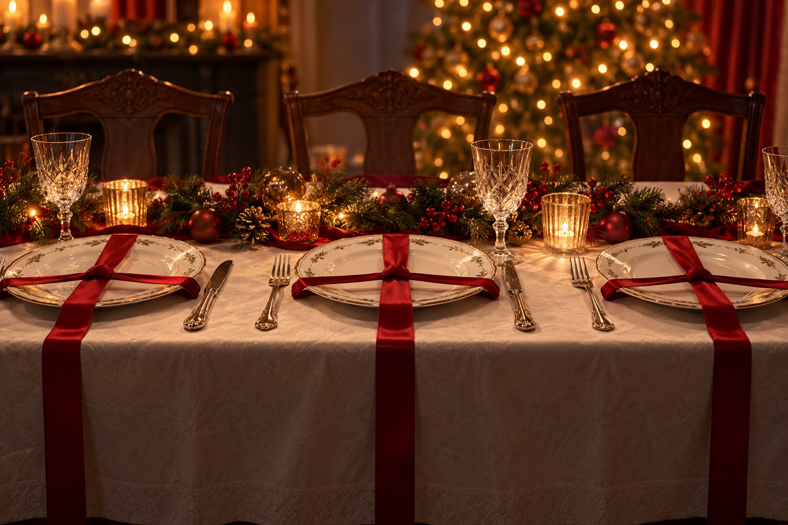 Conceptual illustration of three ribbon-bound plates on a Christmas dinner table with empty chairs.