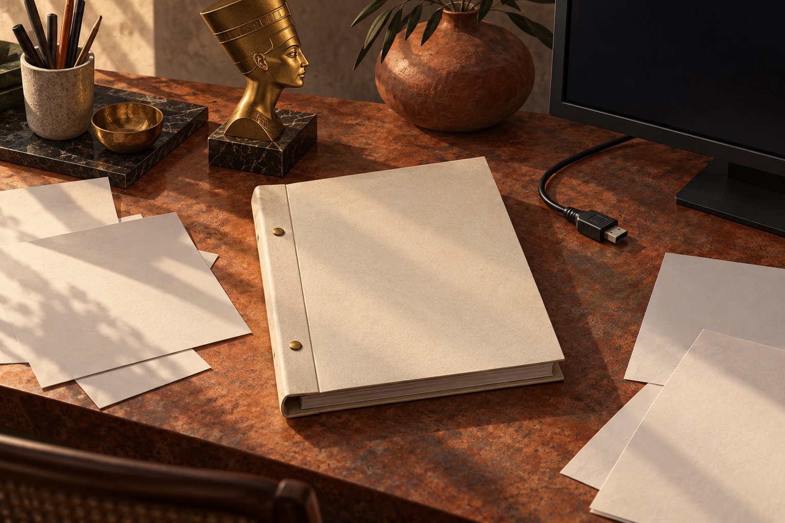 Conceptual illustration of a blank screenplay binder, an Egyptian queen sculpture, and a disconnected computer cable on a desk.