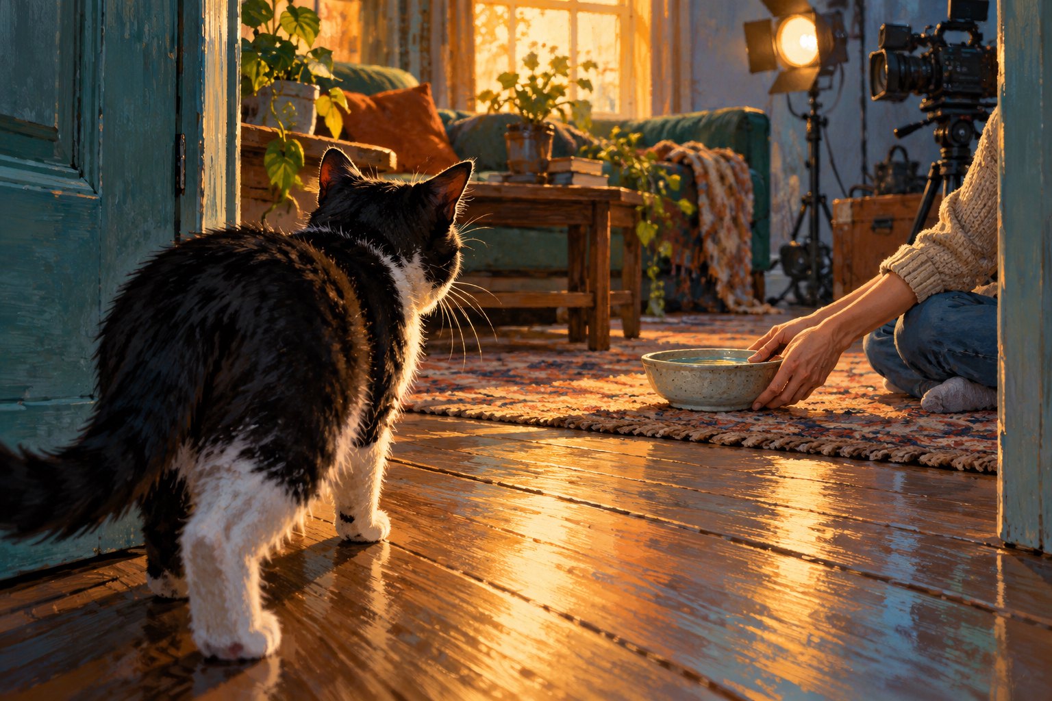 A black-and-white cat watches a person lower a water bowl onto the floor of a warmly lit film set.