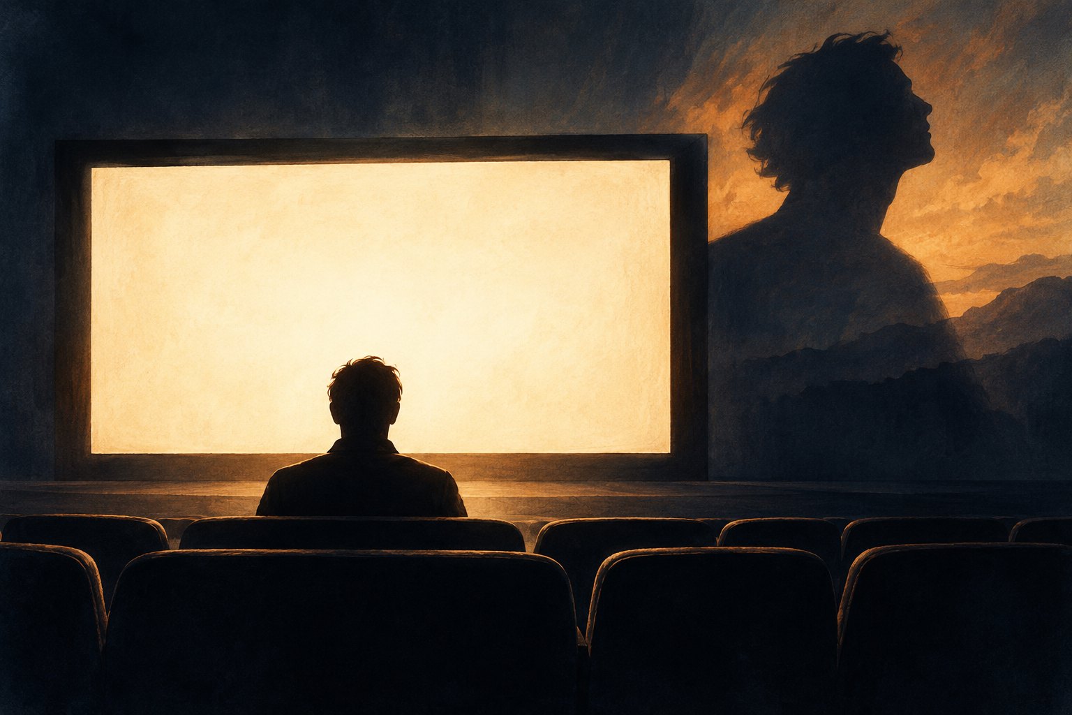 Conceptual illustration of a lone moviegoer facing a blank illuminated screen beside an oversized human shadow.