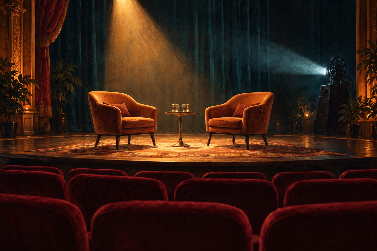 Conceptual illustration of two empty conversation chairs under a theater spotlight, facing rows of burgundy seats.