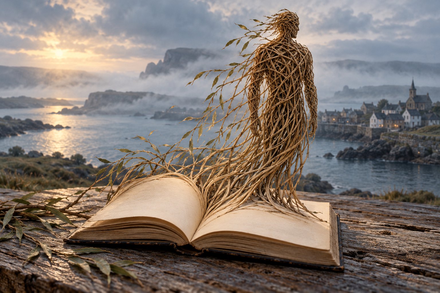 Conceptual illustration of a willow figure emerging from an open book above a misty coastal village.
