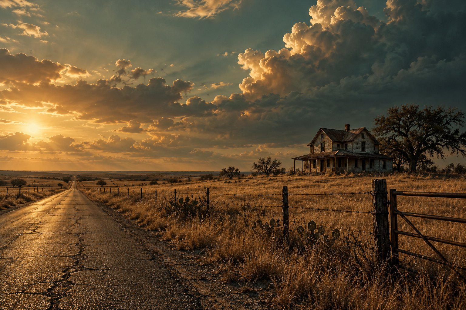 Illustration of an isolated farmhouse beside an empty rural Texas road, with dry grass and long afternoon shadows.