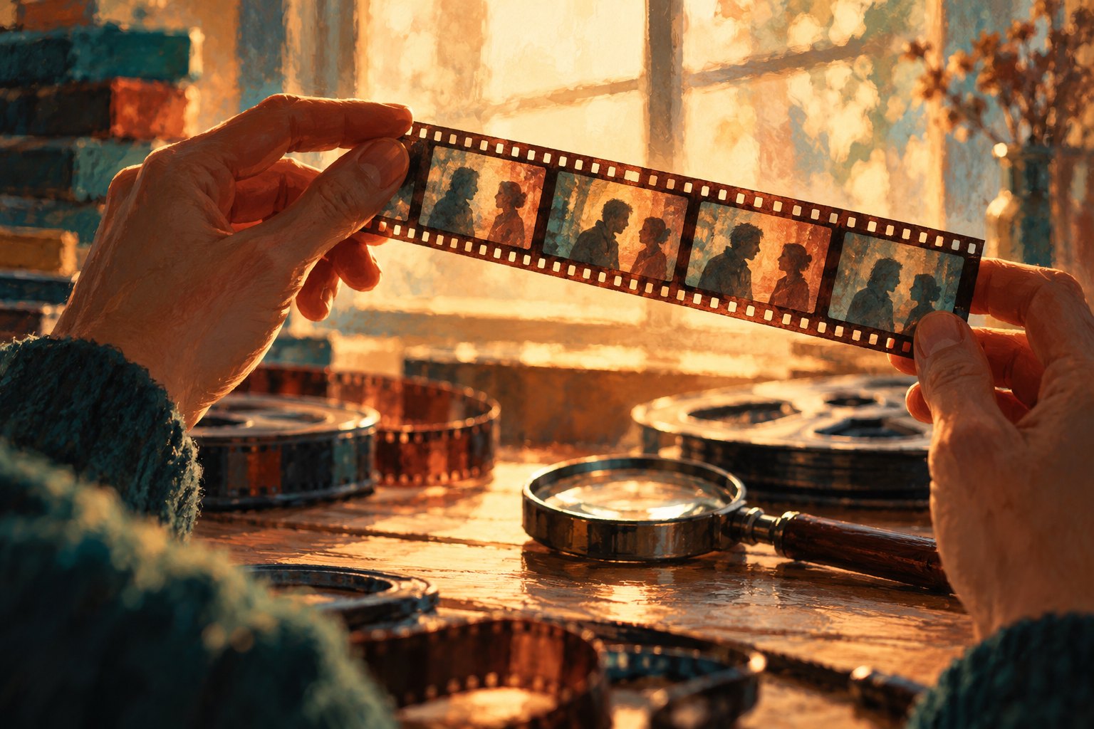 Conceptual illustration of hands examining a filmstrip with paired human silhouettes above a warmly lit editing table.