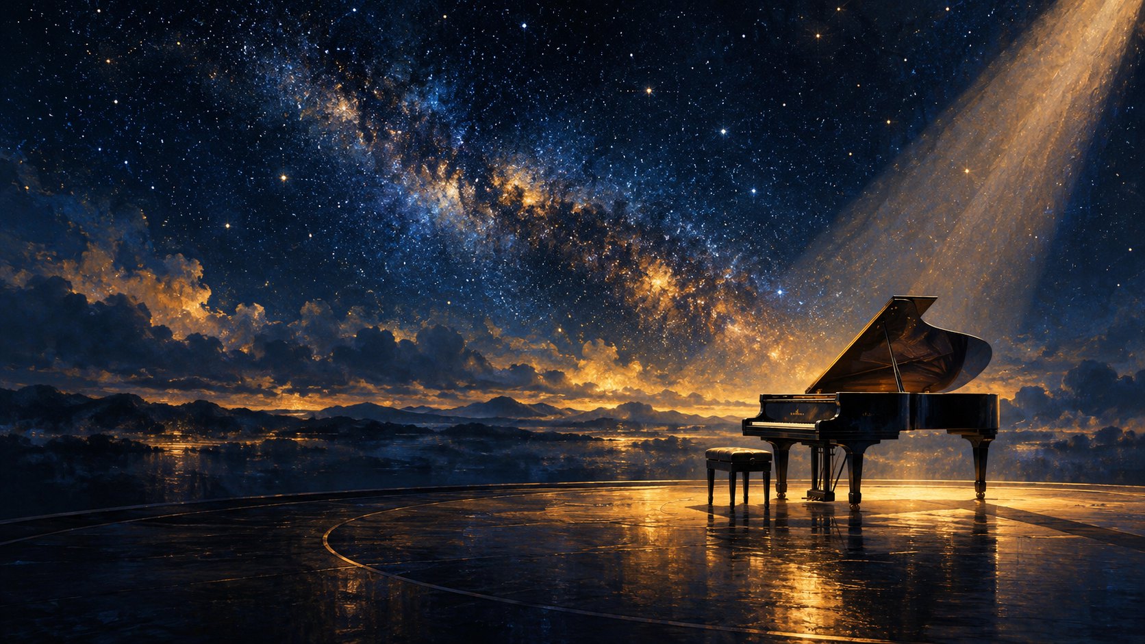 星空與暖色光束下的三角鋼琴，為呼應片名的概念插畫，非電影劇照