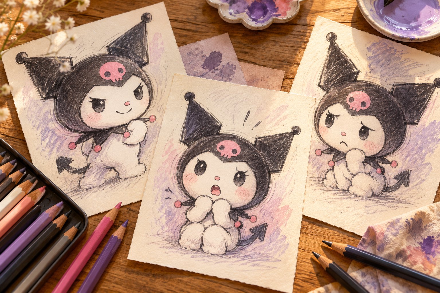 Conceptual editorial illustration of three Kuromi expression sketches on a wooden art table, not official production artwork.