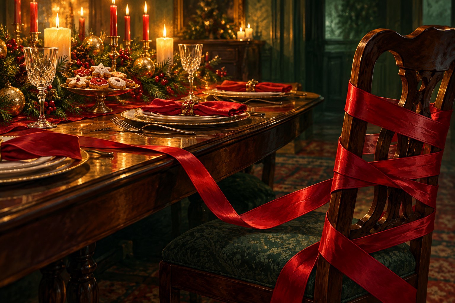 Conceptual illustration of a candlelit Christmas dining table with red ribbon binding an empty wooden chair.