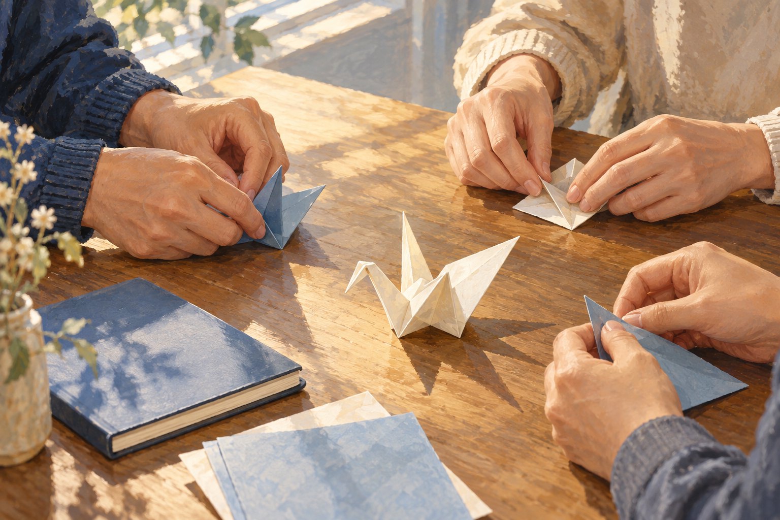几双手在木桌旁共同折叠纸鹤,表达关怀与互助的主题插画