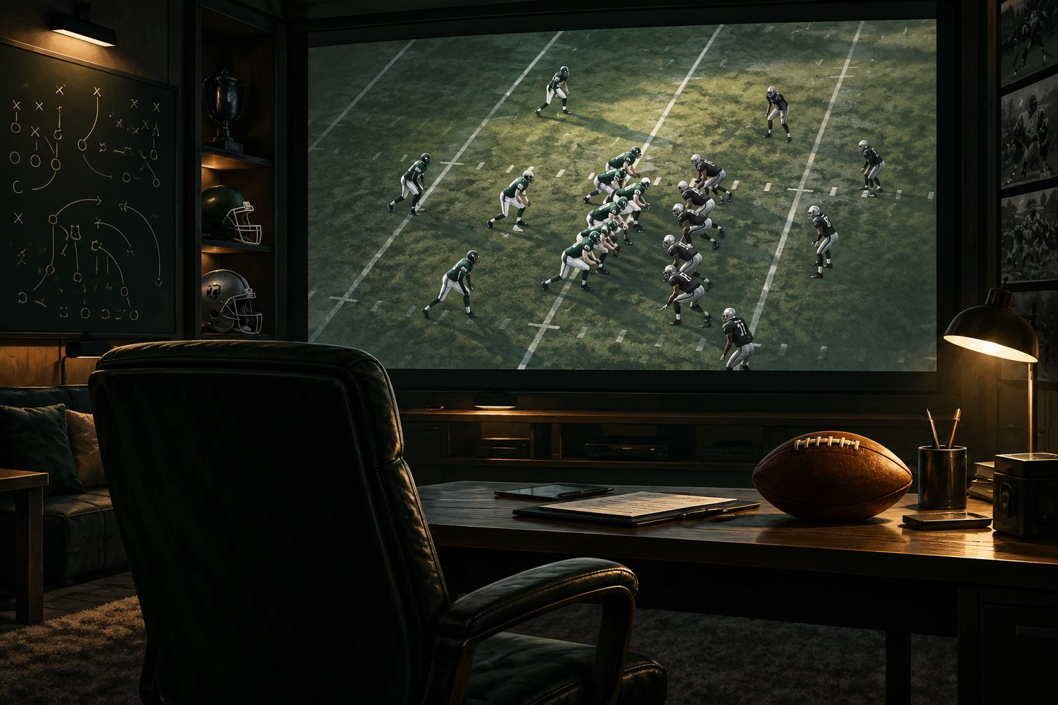 Conceptual illustration of a football film study room with an empty chair, a football, and a screen showing opposing teams.