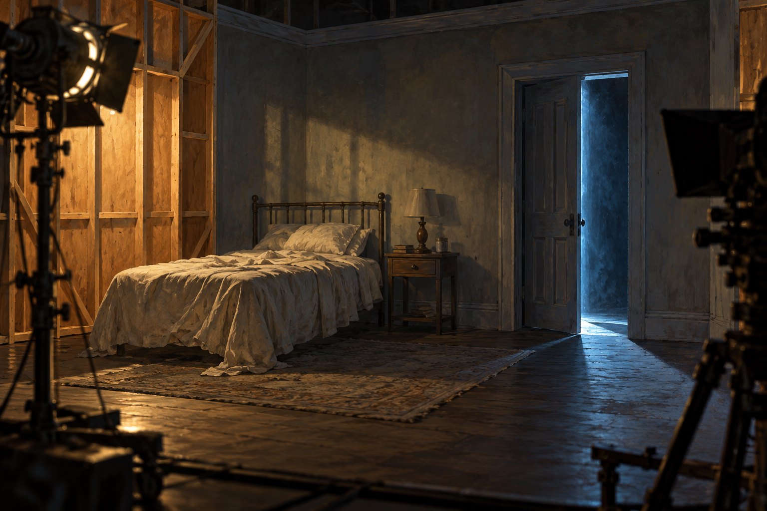 Conceptual illustration of an empty bedroom film set with exposed wooden framing, studio equipment, and blue light entering through a doorway.