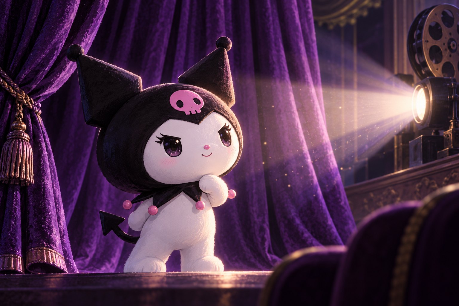Conceptual editorial illustration of Kuromi beside purple cinema curtains in the glow of a projector.