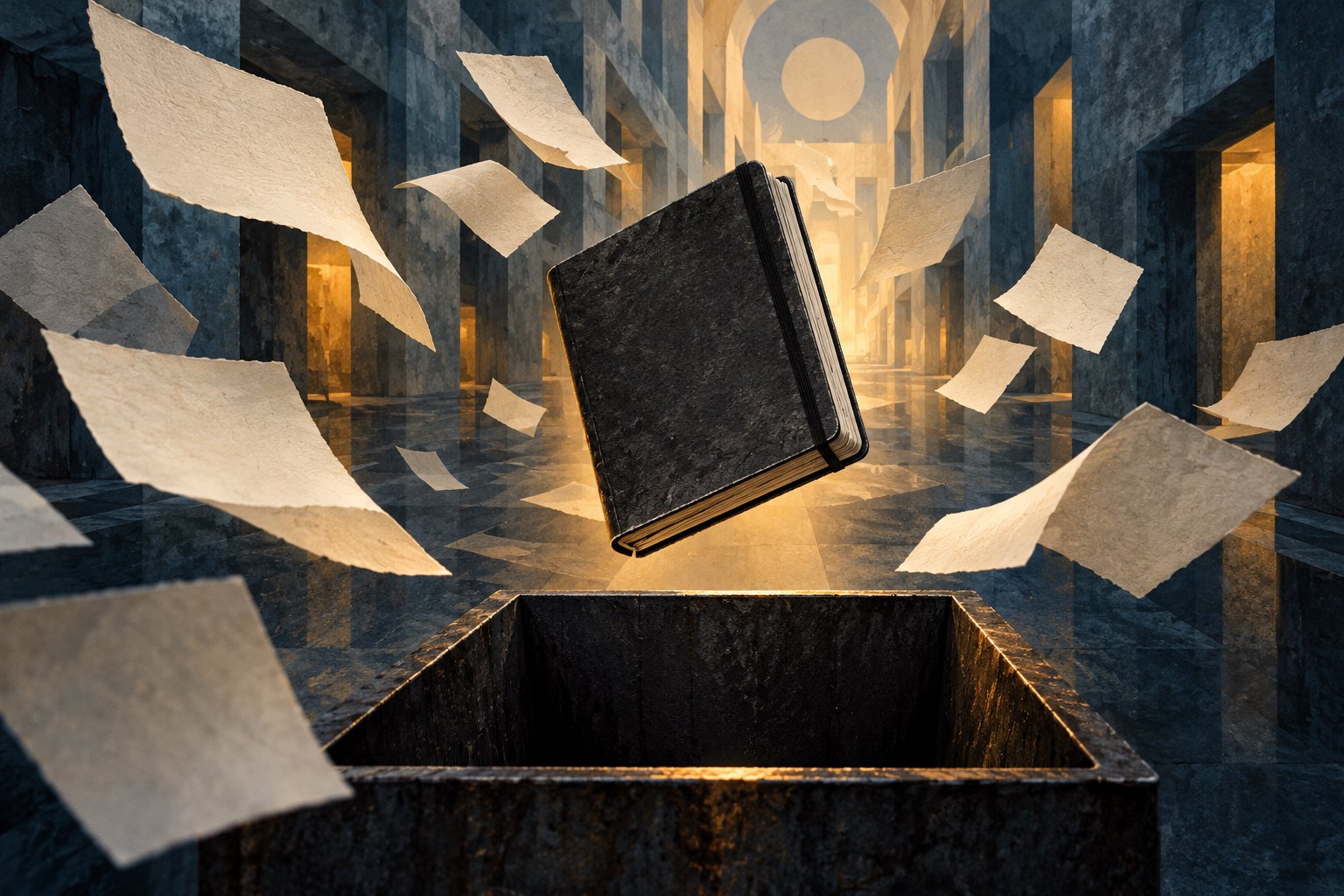 Symbolic editorial illustration of a black sketchbook floating above a dark chute amid loose paper in a blue-and-gold corridor.