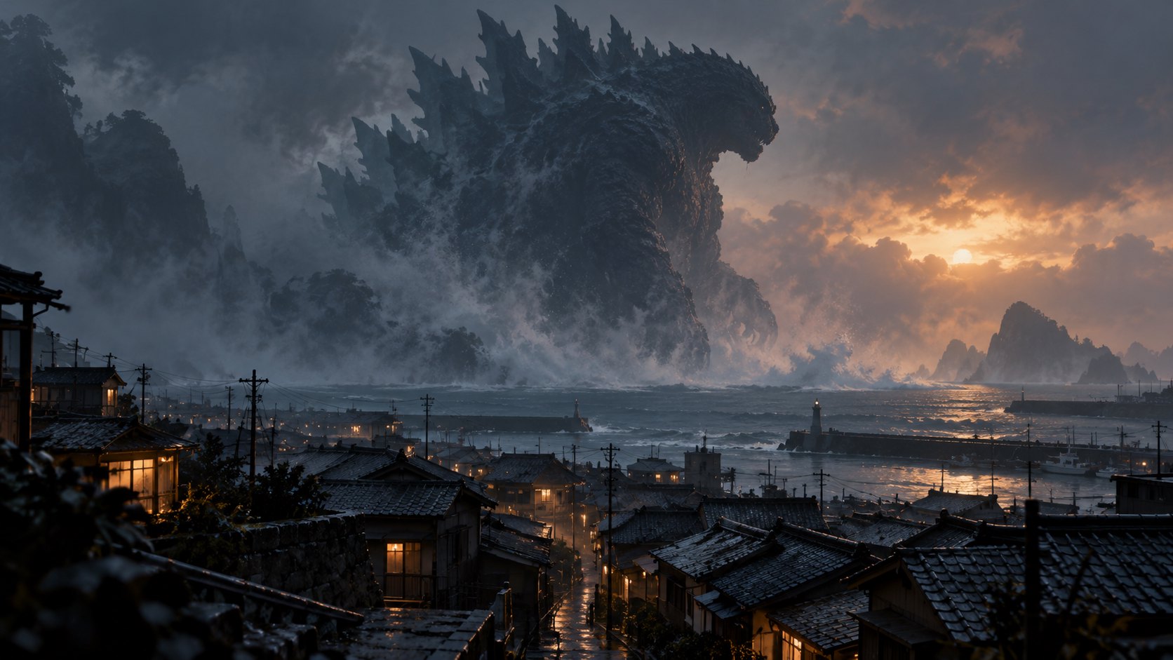 海霧中的巨獸俯視沿岸屋舍，以懸殊比例呈現壓迫感的原創概念插畫，非電影劇照