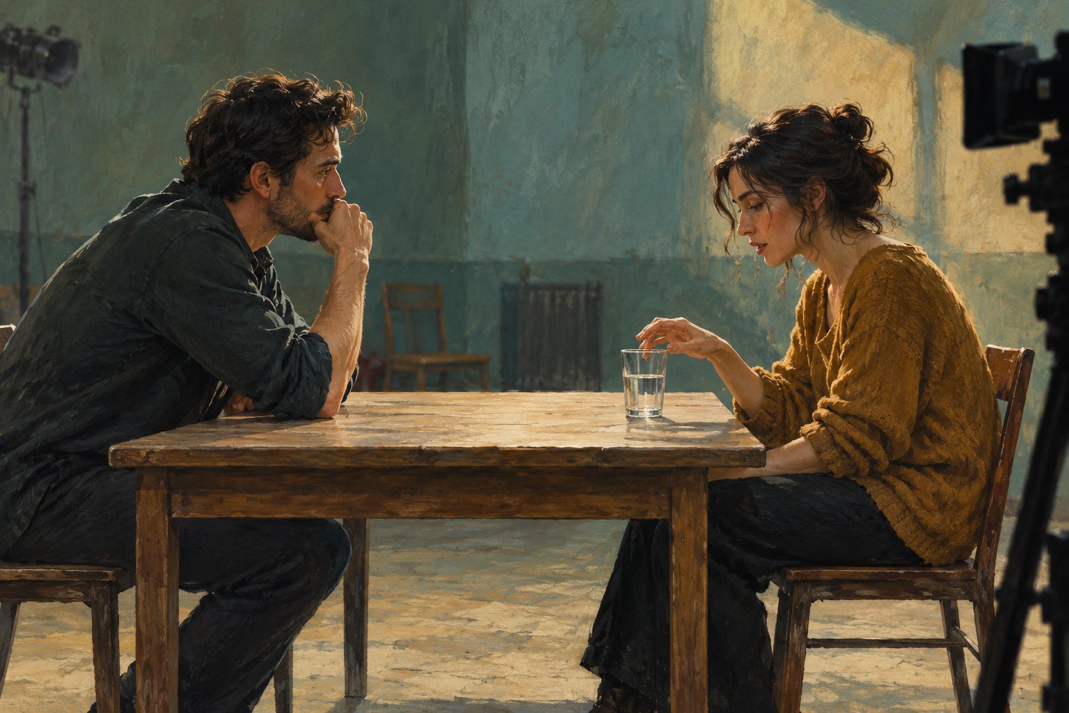 Illustration of two fictional actors rehearsing across a wooden table, with a glass of water between them and a camera nearby.