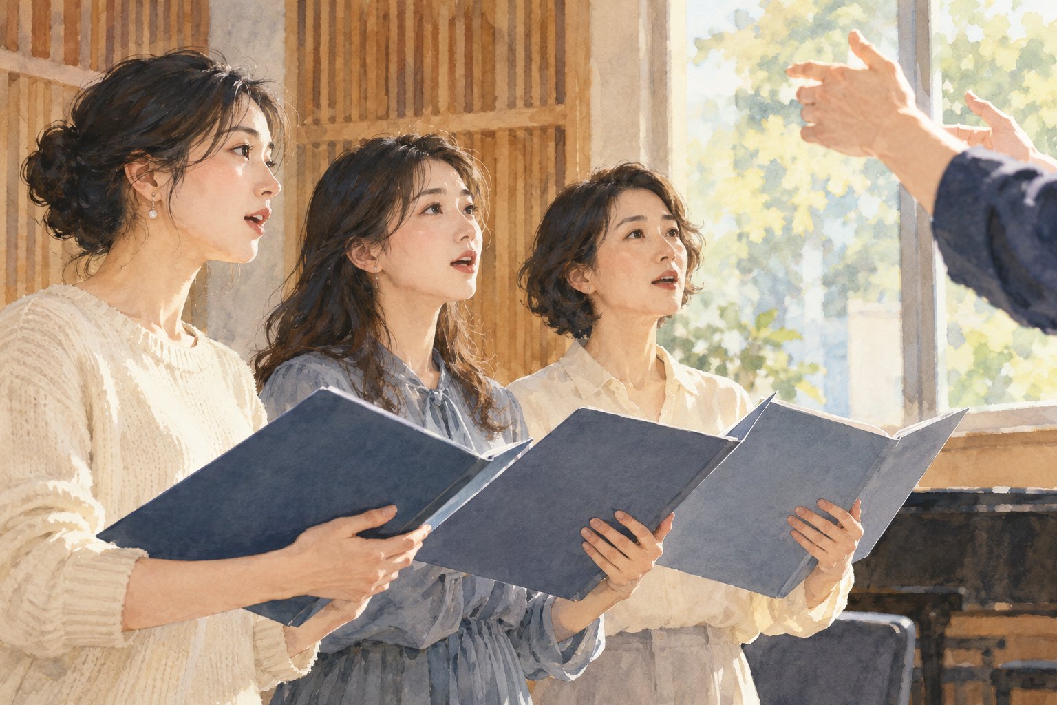 三位女性手持合唱夹,在排练室注视指挥手势的主题插画,非现场实拍