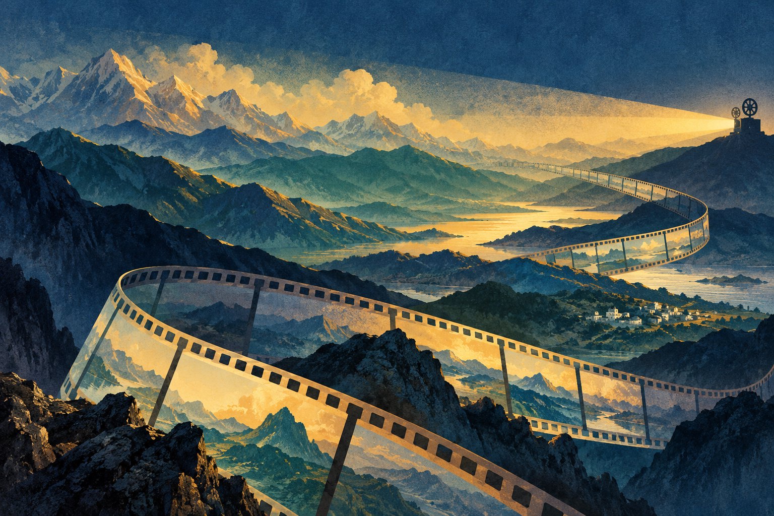 层叠高原山峦与舒展胶片交织在放映光束中,呈现地方电影走向银幕的概念意象