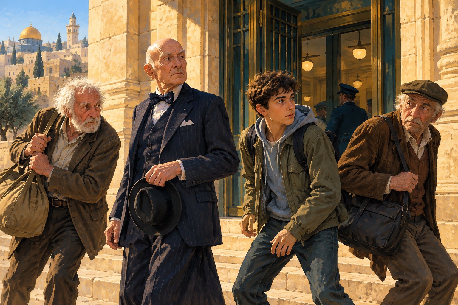 Interpretive illustration of a teenage boy and three elderly men outside a Jerusalem limestone bank.