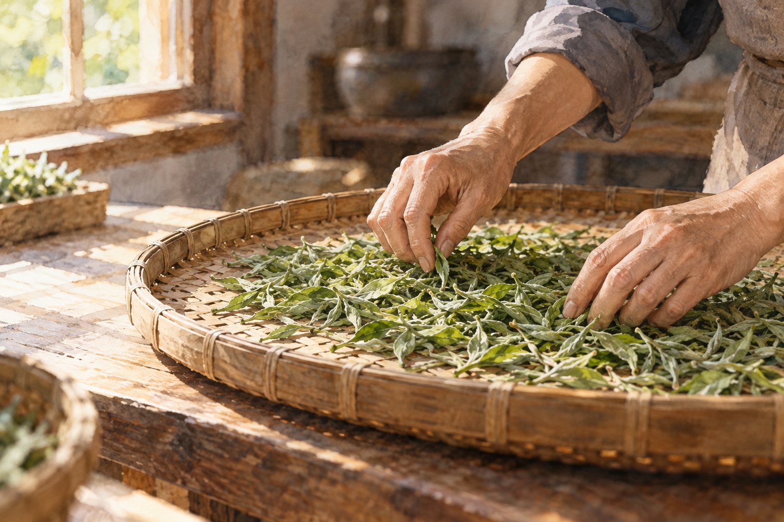 茶事劳动主题水彩插画：窗边木桌上，一双手轻轻整理竹匾里的茶叶，非影片剧照