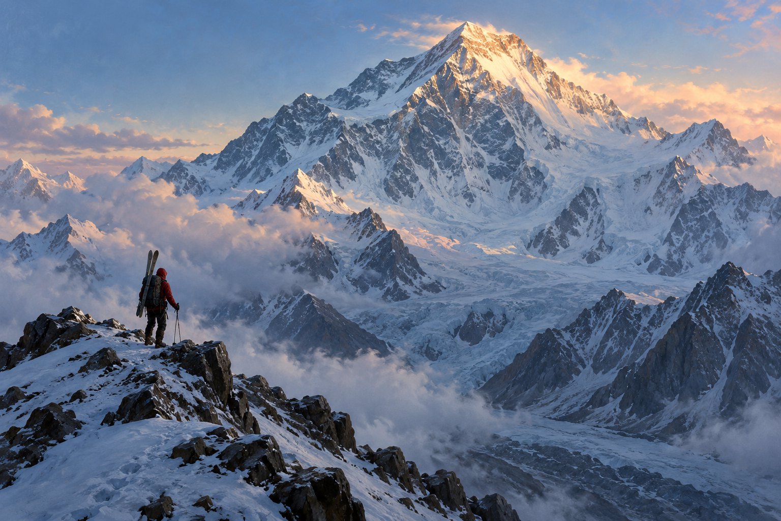 Editorial illustration of a lone mountaineer carrying skis on a snowy ridge beneath towering Himalayan peaks at dawn.
