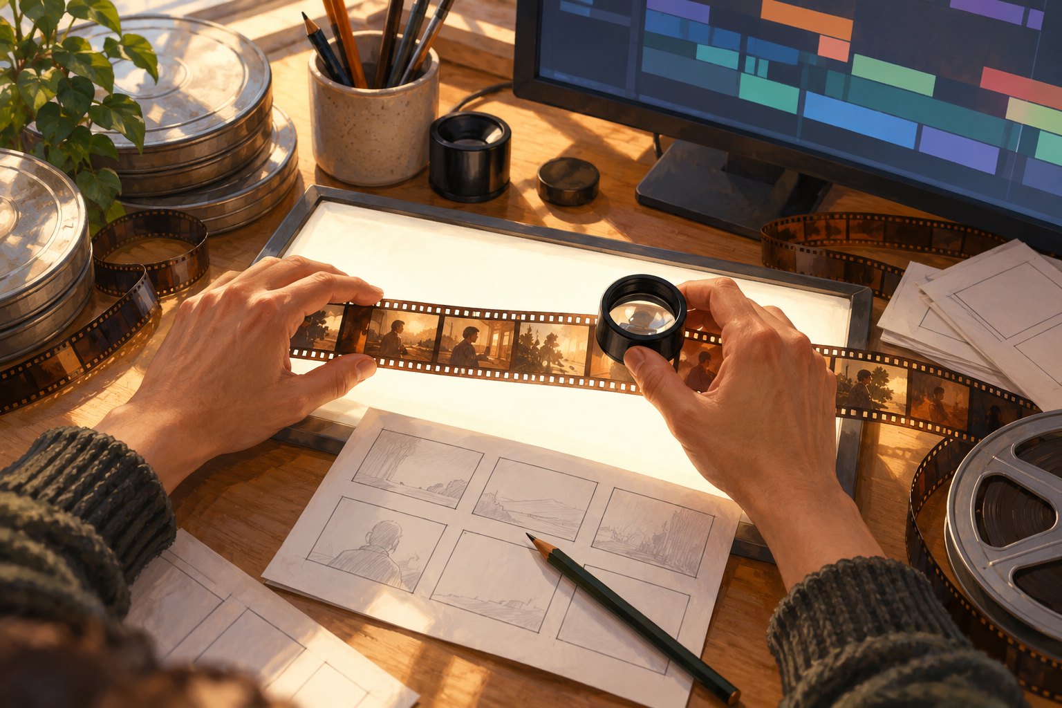 Editorial illustration of hands examining film on a lightbox beside storyboard sketches and a monitor displaying colored editing blocks.