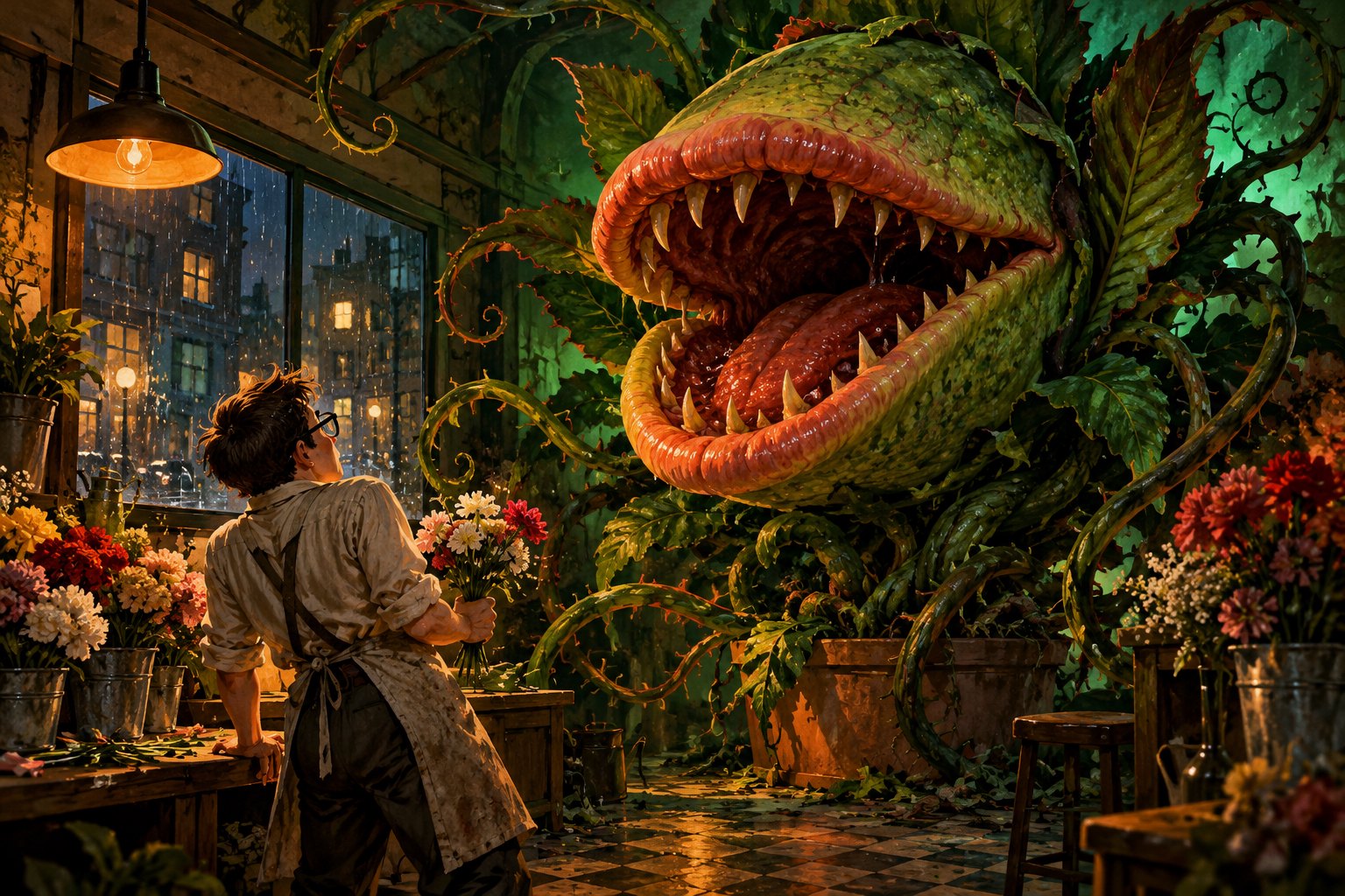 Illustration of a bespectacled florist facing a towering carnivorous plant inside a dim flower shop.